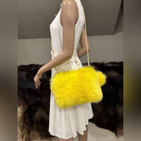 Yellow Handmade Luxury Real Fox Fur Shoulder Bag/Crossbody & Fox Fur Ball Charm - Picture 7 of 17